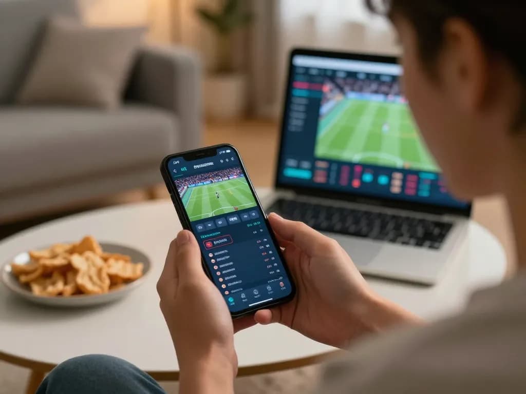 Hbet user placing live sports bets on a smartphone with a home atmosphere
