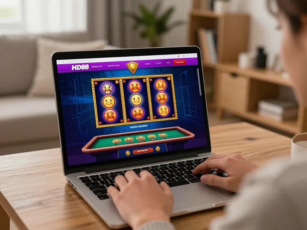 Engaged user placing bets on the colorful hd88 online platform from a cozy living room.