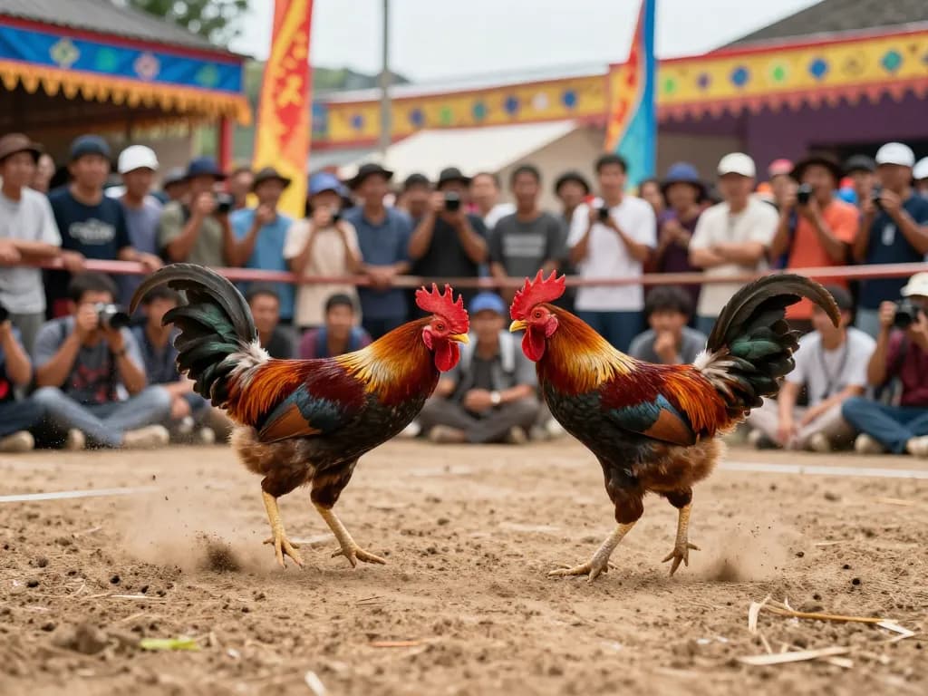 Experience the excitement of video đá gà xà xía as spectators cheer during an intense chicken fight.