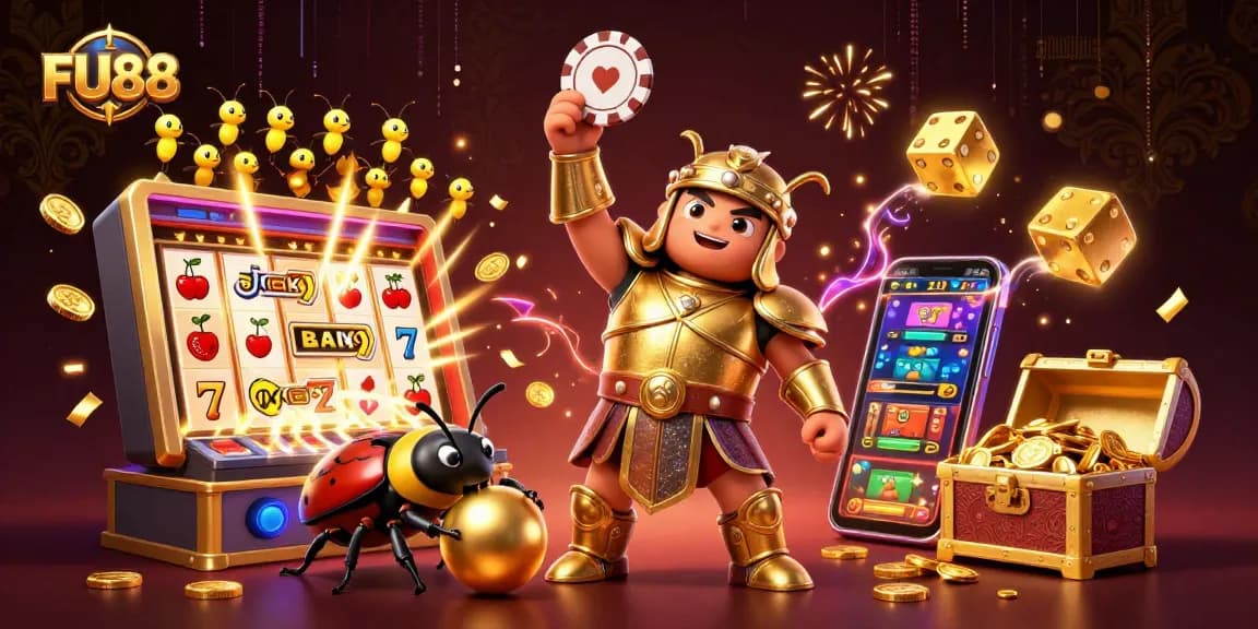 Win big with FU88's exciting gaming experience, featuring a victorious beetle and jackpot celebration!