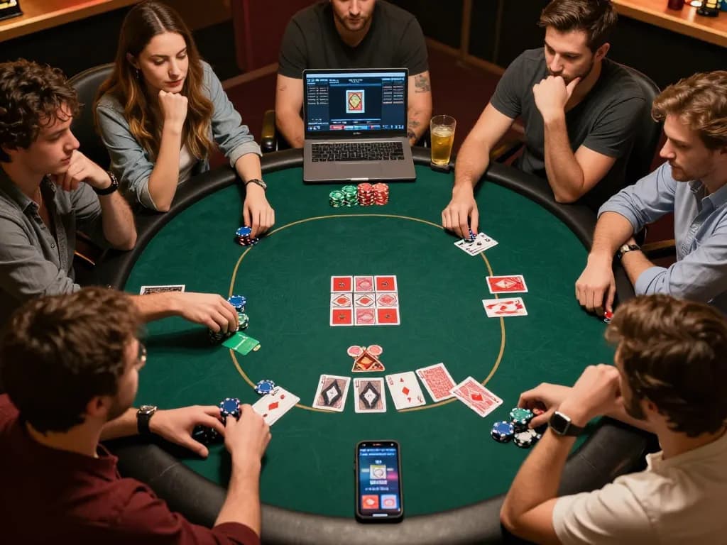 Engaged players at an OK9 online poker game night with vibrant chips and cards creating an immersive atmosphere.