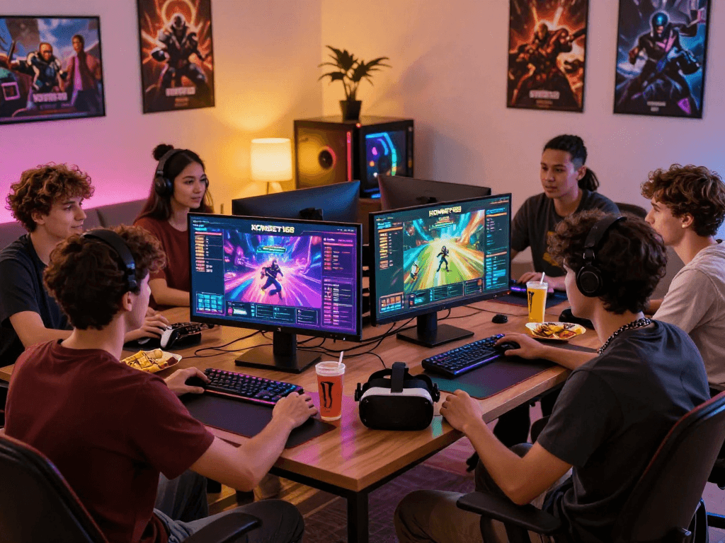KOMBET168 gaming excitement with friends in a vibrant atmosphere, showcasing engagement and action.