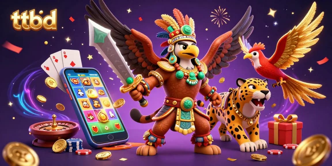 Experience thrilling gameplay on ttbd with an Aztec warrior amidst colorful casino elements.