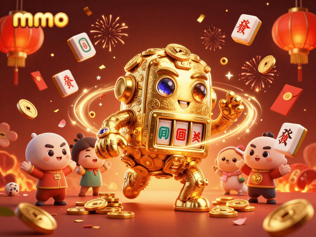 Experience excitement with mmoo as golden golems swirl amidst festive elements and casino symbols.