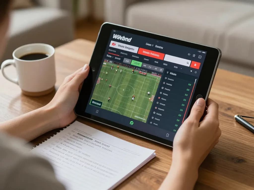 Engage in sports betting with Winbd on a tablet, highlighting live match details and odds.