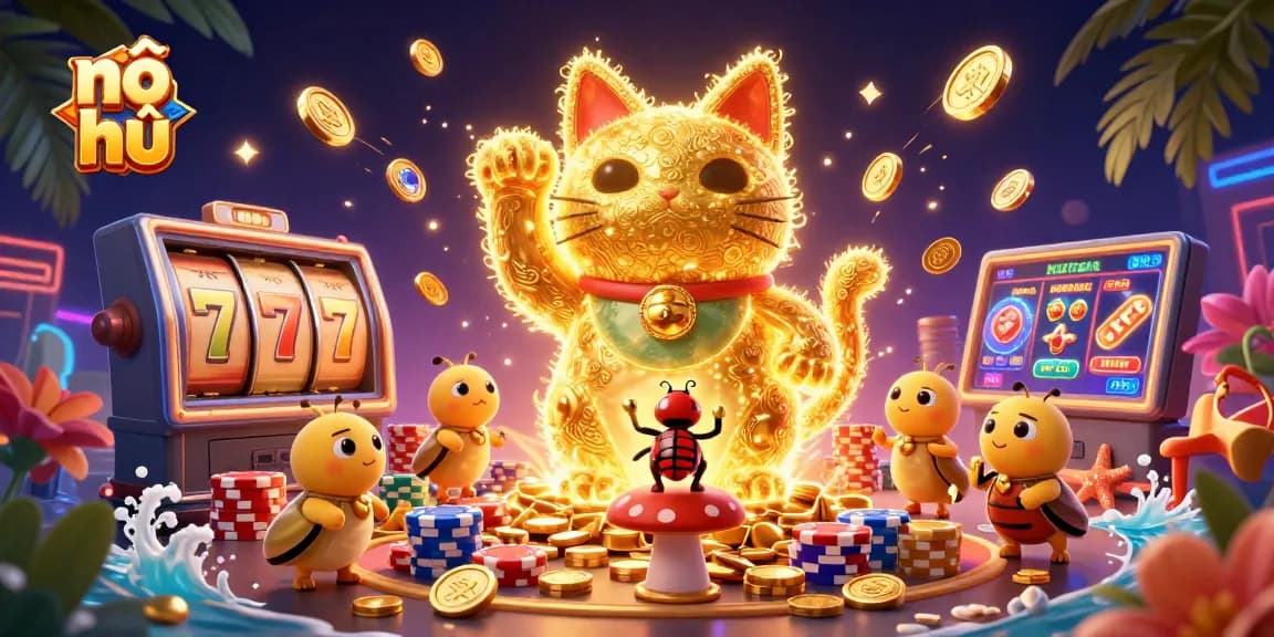 Engage with nổ hũ in an ultra-detailed 3D casino illustration featuring lucky cats and vibrant slot games