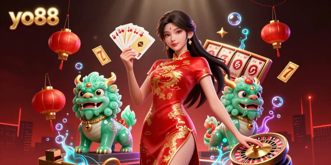 Experience the excitement of yo88 with a captivating 3D illustration featuring dynamic casino elements.