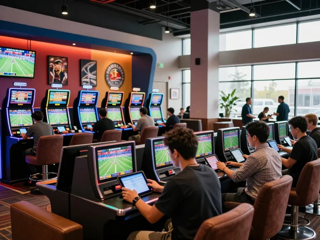 Engaged sports bettors at BJ88 using tablets to place live bets in a vibrant casino environment