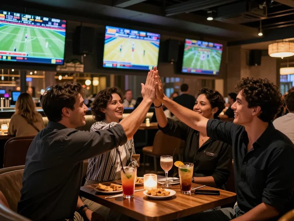 Tg88 sports betting atmosphere in lively sports bar with engaged patrons celebrating wins