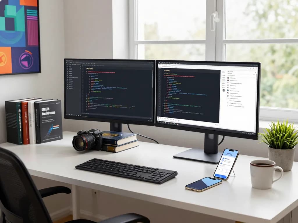 Moltbot developer working at a modern home office, showcasing dual monitors with code and chat notifications, creating a productive tech atmosphere.