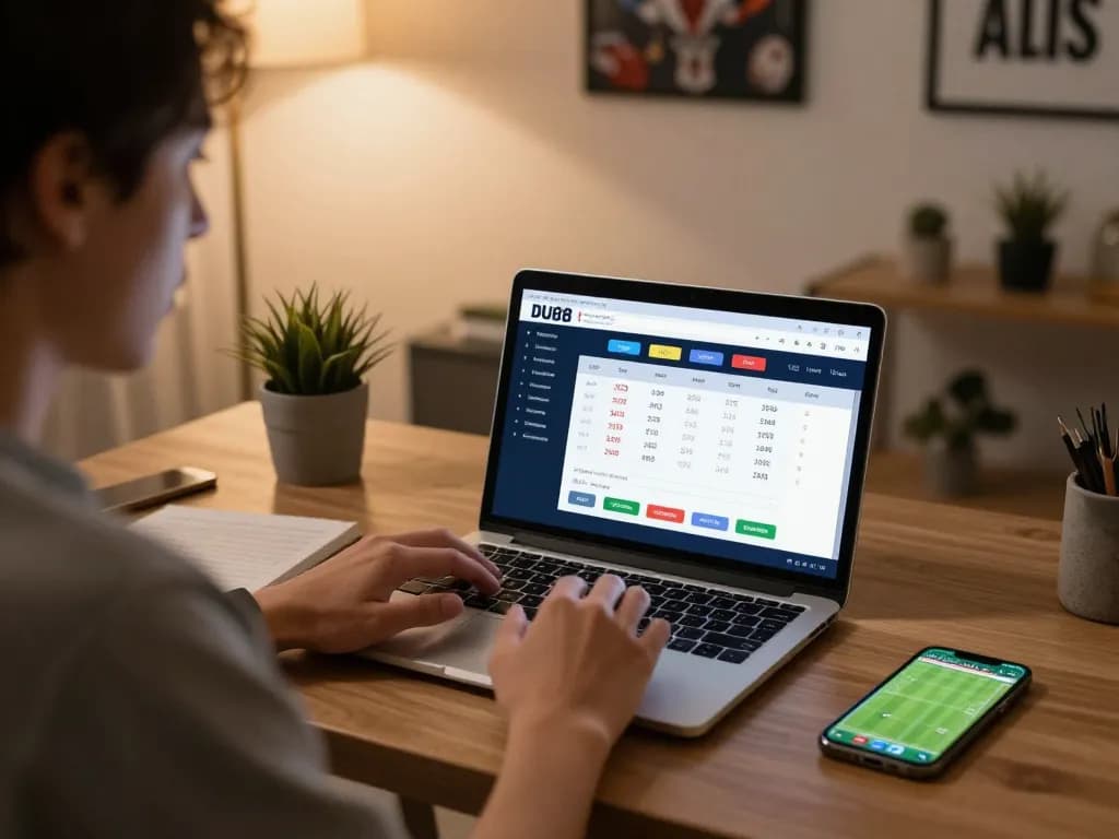 Engaging in sports betting on DU88 with laptop and mobile app at home workspace