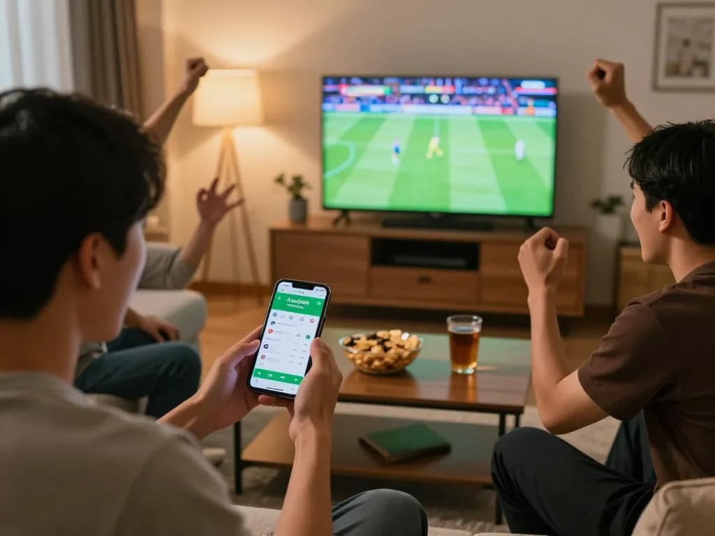 Cheering at a live match while using lương sơn tv app for sports betting with friends at home.