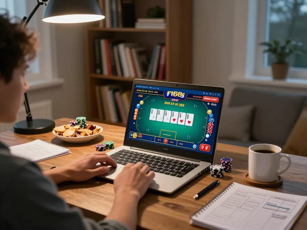Engaged player enjoying online casino games at home through F168's platform, demonstrating strategic gameplay.