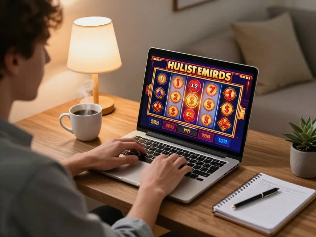 Player enjoying engaging slot game online at home using laptop, showcasing excitement while managing their 678 betting strategy.