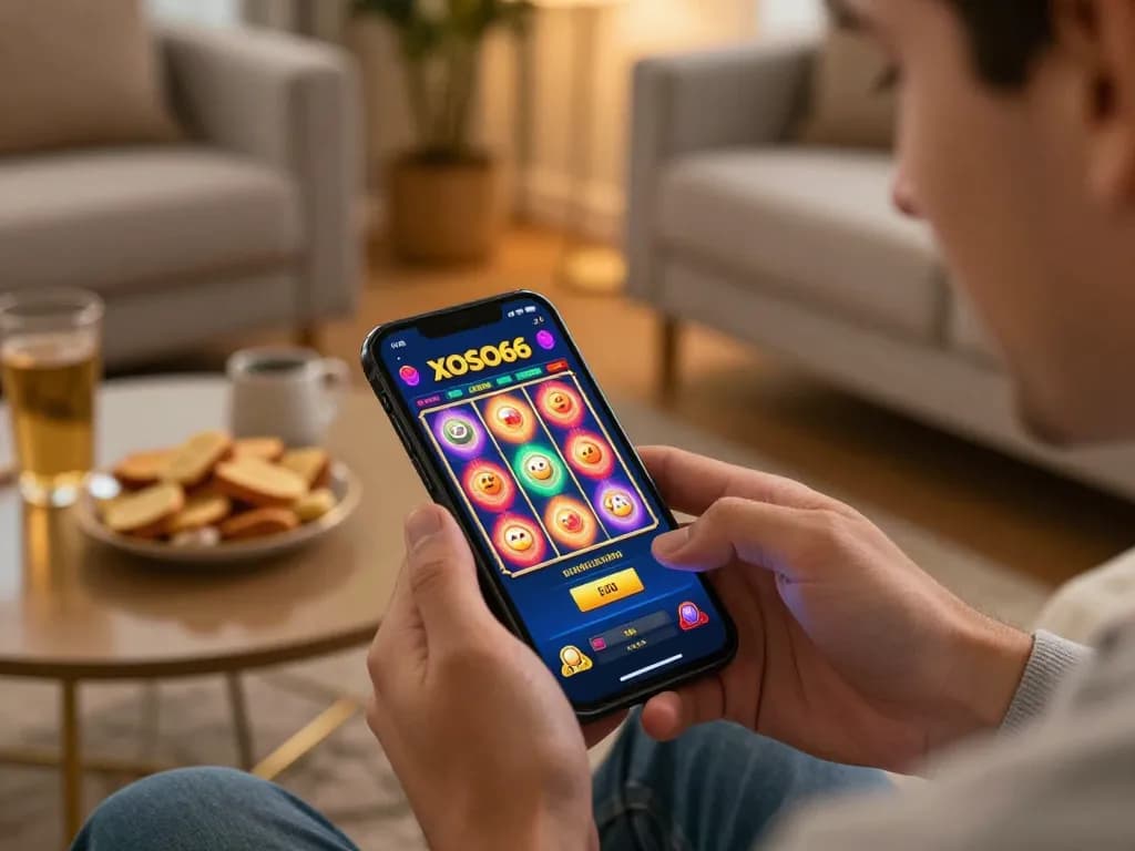 XOSO66 player enjoying online slots on a smartphone in a cozy setting