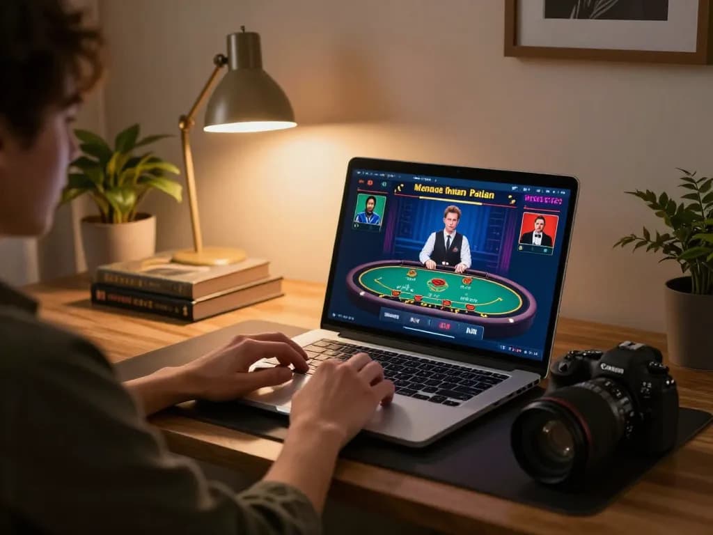 Engaging online gaming scene of a user at https://www.mnm88.com/ strategizing with a laptop for live dealer games.