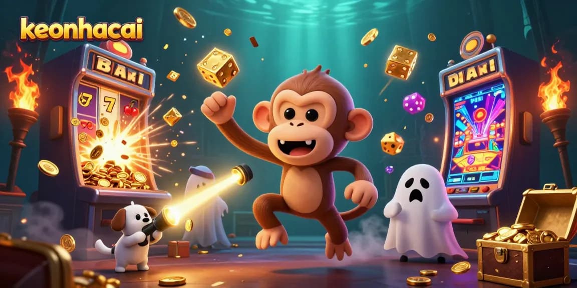 Experience the thrilling keonhacai adventure with a ghostly monkey and a puppy exploring a haunted casino.