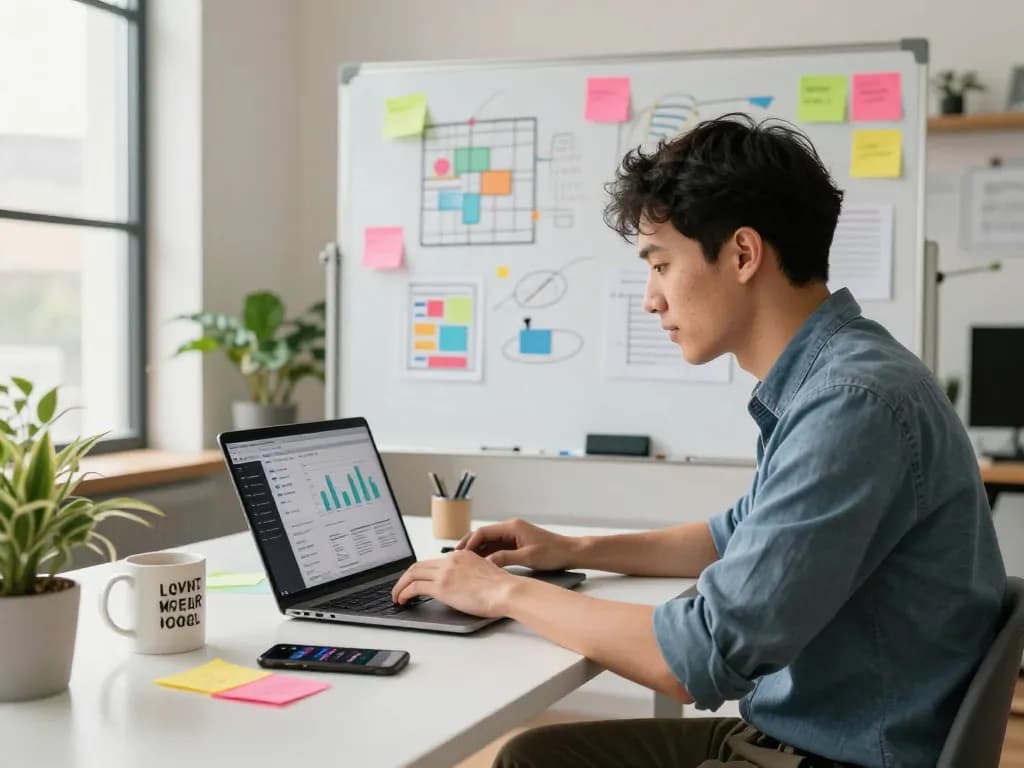Digital marketing professional analyzing analytics on their laptop at a vibrant workspace for 8Day.