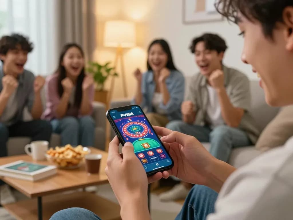Engaged player using the FIVE88 casino app on smartphone in a cozy living room.