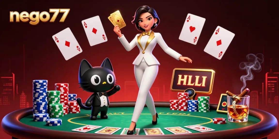 Experience exciting gameplay with nego77 in vibrant online casino illustration featuring a card dealer and playful cat.