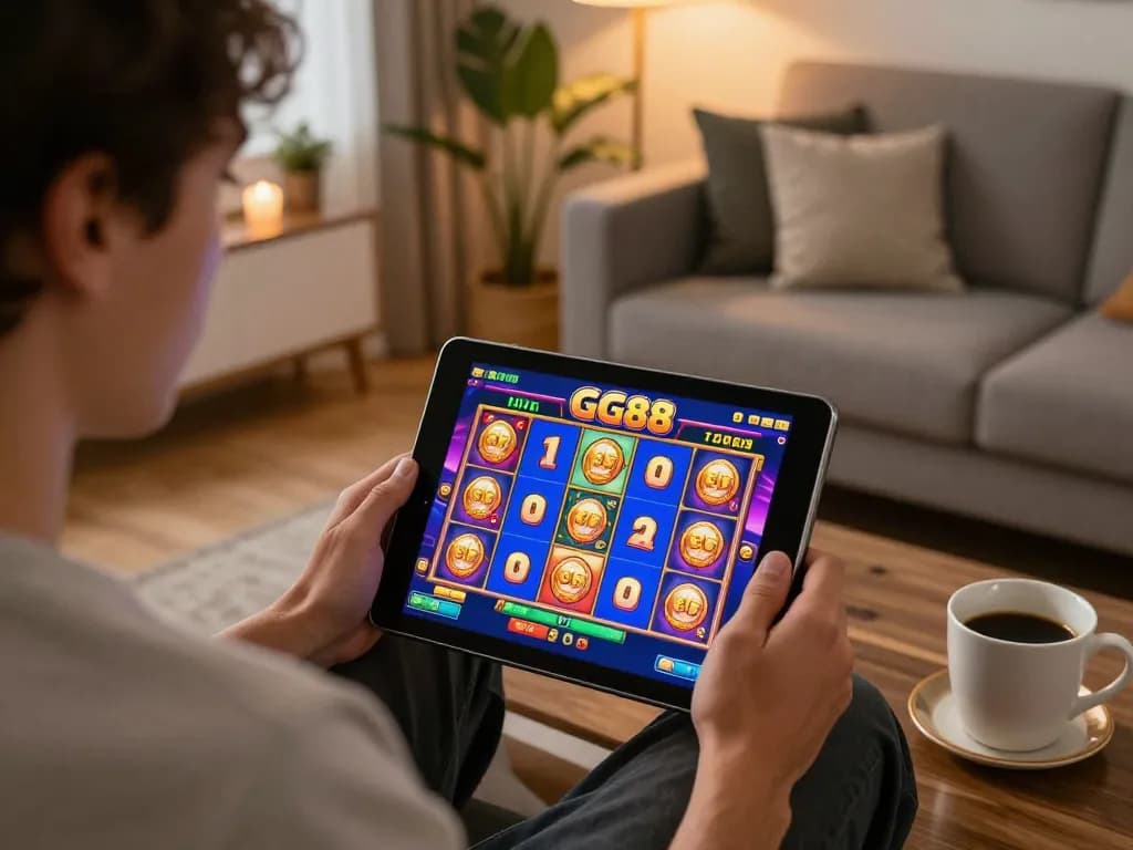 Player engaging in GG88 online casino gameplay on tablet in a cozy living room setting