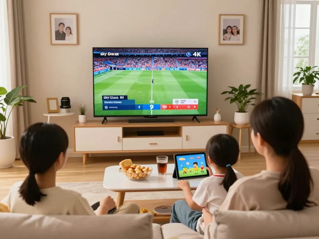 Family enjoying Sky Glass IPTV in a cozy living room with vibrant 4K streaming.