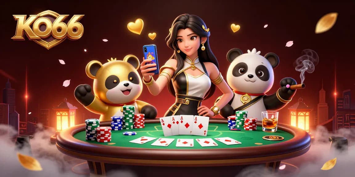 KO66 engages players with vibrant casino visuals as an Asian woman showcases a casino game.