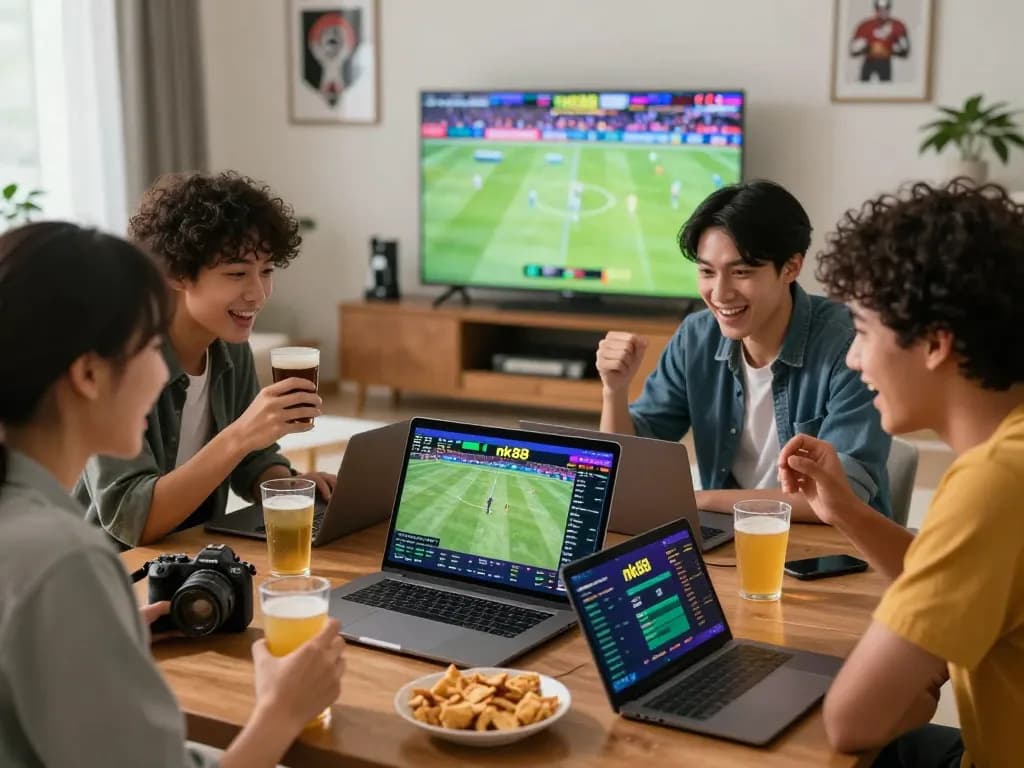 Excited friends analyzing nk88 betting odds in a lively home setting.