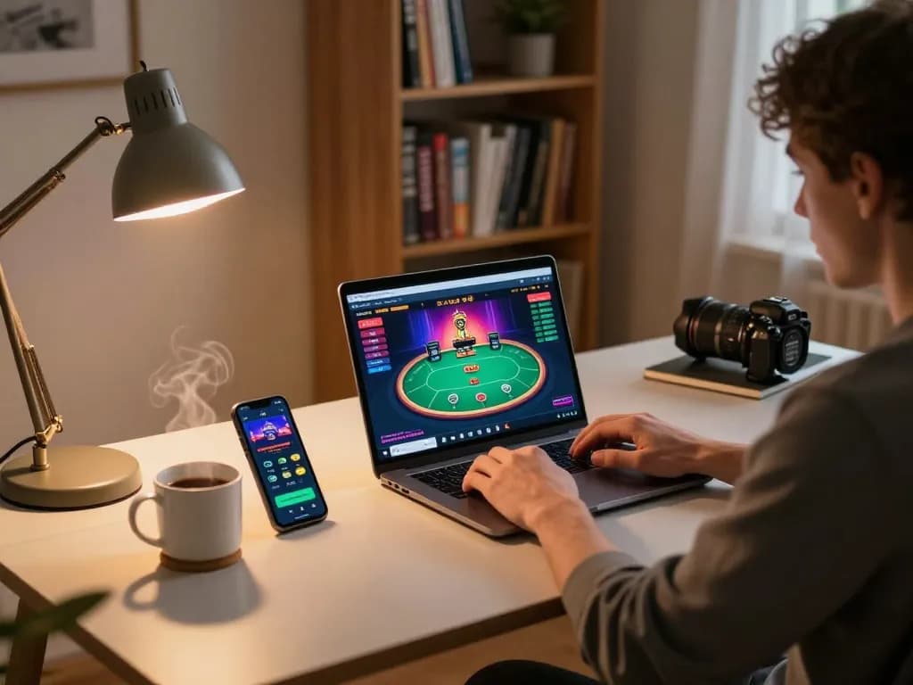 Engaging online gaming session on GO99 with a player focusing on the laptop interface and strategic notes.