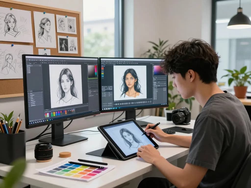 AI porn creator designing engaging digital art in a vibrant studio