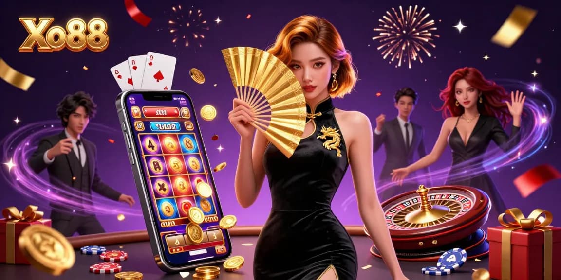 Xo88 invites players to experience thrilling slot games with an enchanting golden fan and festive casino elements.