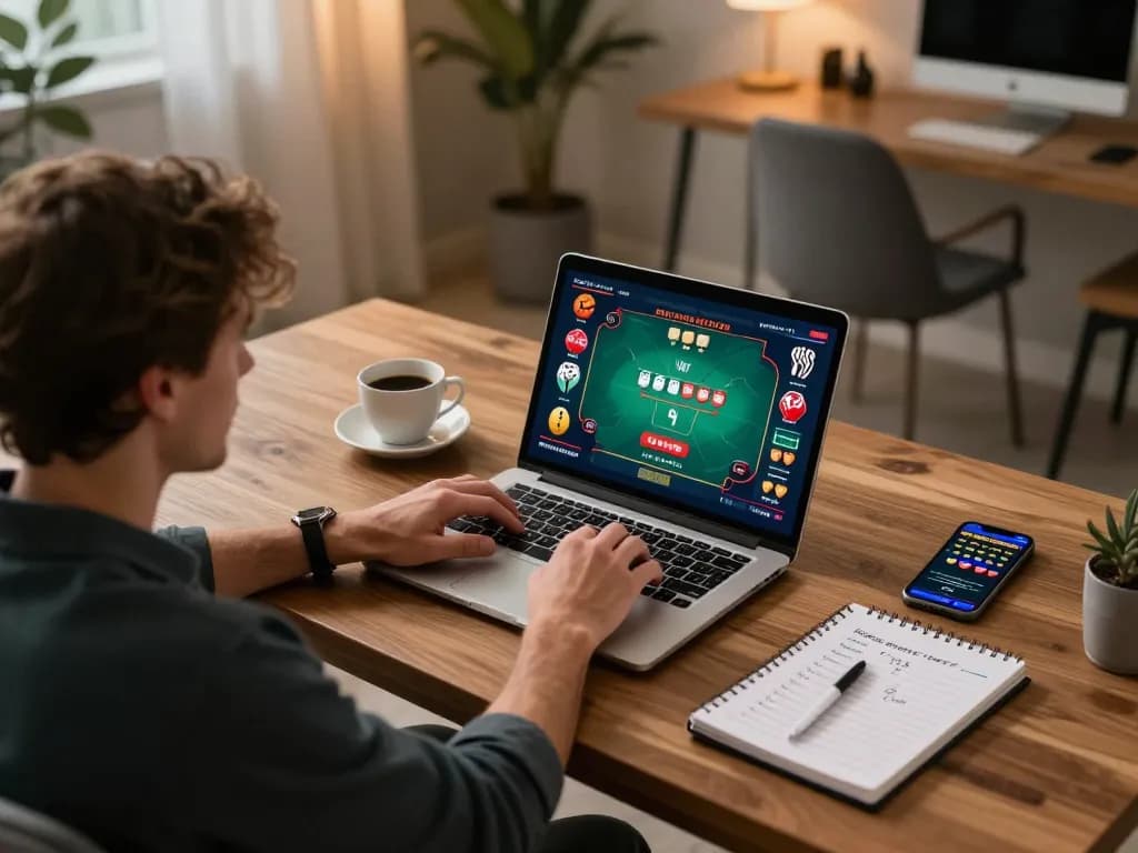 Engaging in an online poker game on SHBET from a stylish home workspace.