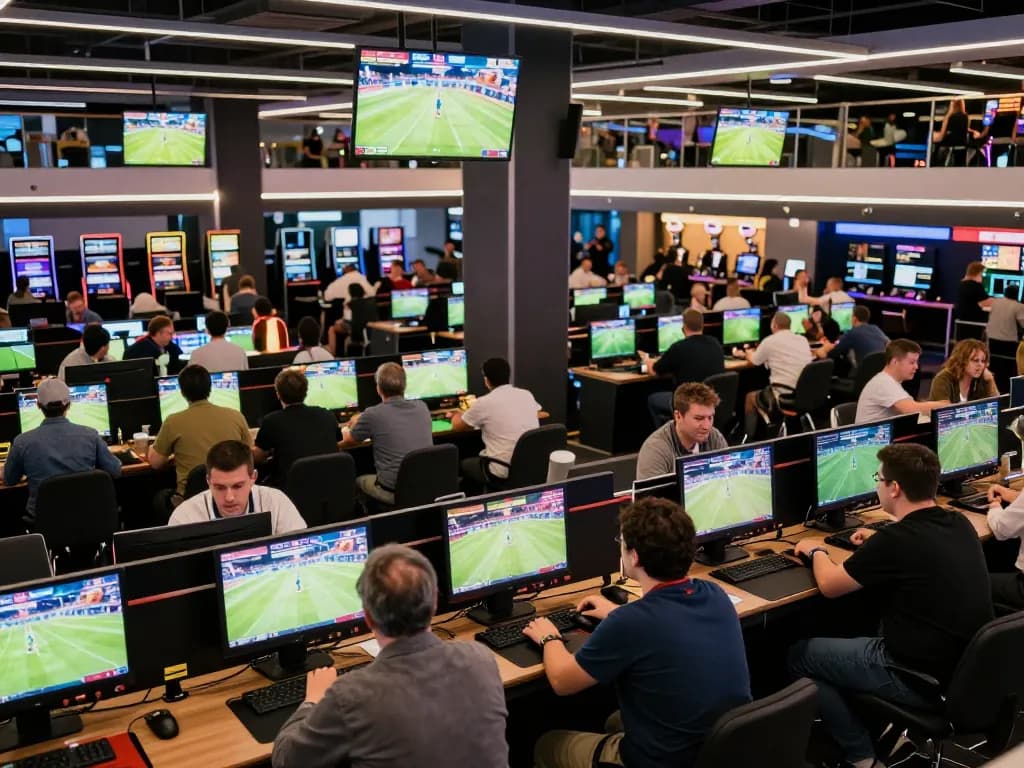 Kuwin sports betting scene capturing fans engaged in wagers at a lively venue, highlighting excitement in sports competition.