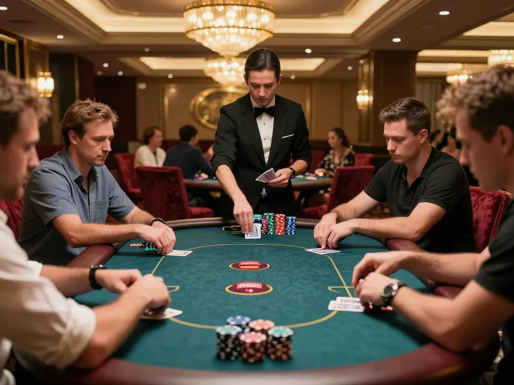F168 poker players compete intensely at a luxury casino table, highlighting strategic gameplay and excitement.