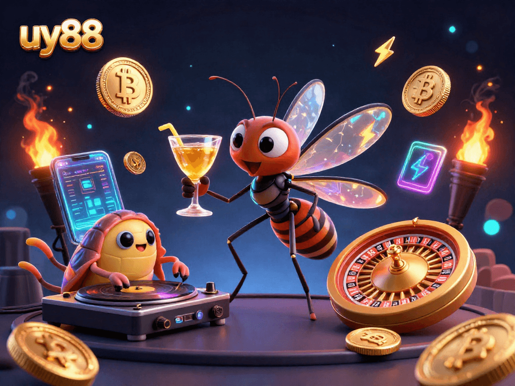 Engage in thrilling gambling with uy88, featuring a vibrant 3D representation of casino characters.