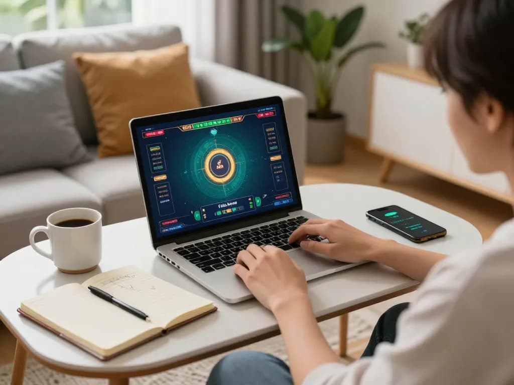 Engaging in tài xỉu online gaming at home, highlighting a cozy setup with a laptop, notebook, and coffee.