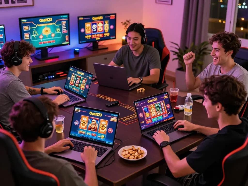 Goal123 online gaming enthusiasts enjoying various casino games in a lively home setup.