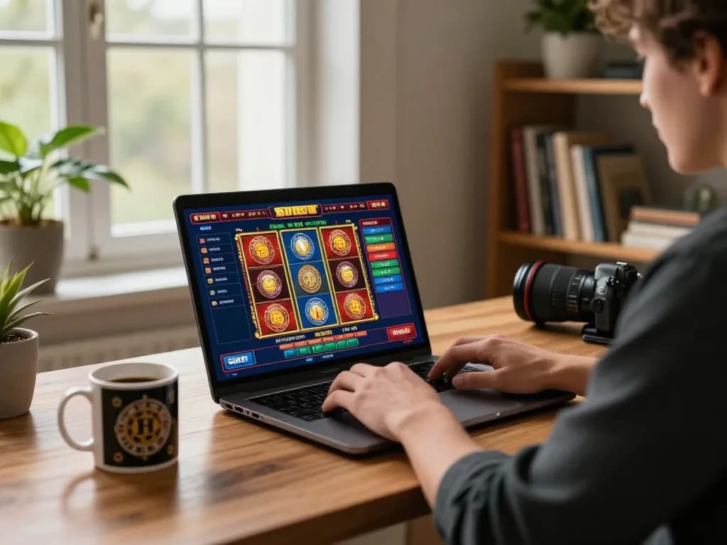 Engaged player enjoying online slots on SHBET in a stylish home office, capturing a cozy gambling atmosphere.