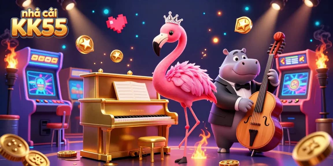 Experience the excitement of nhà cái KK55 with vibrant casino elements and engaging characters in a colorful scene.