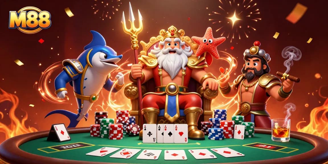 M88 welcomes players with a vibrant illustration showcasing a poker scene filled with energy and excitement.