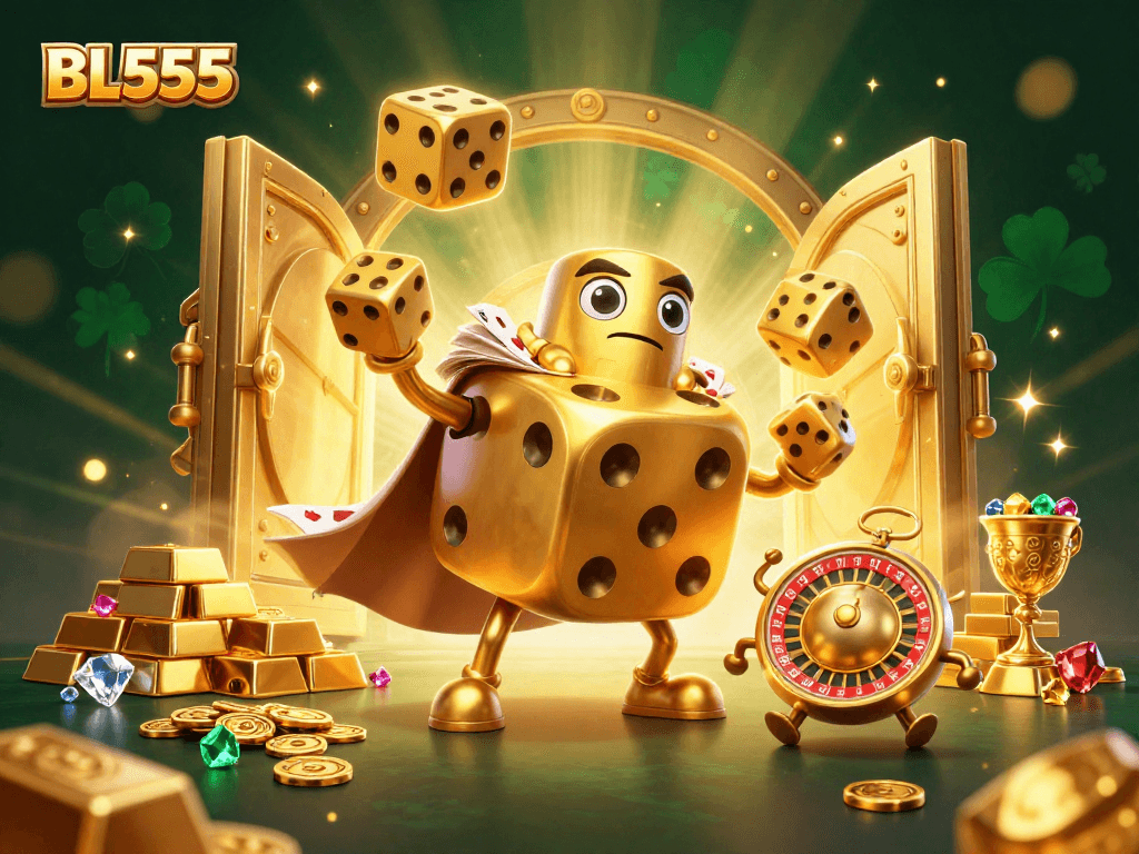Experience excitement at BL555 with a golden dice golem and sparkling treasures in this vibrant casino scene.