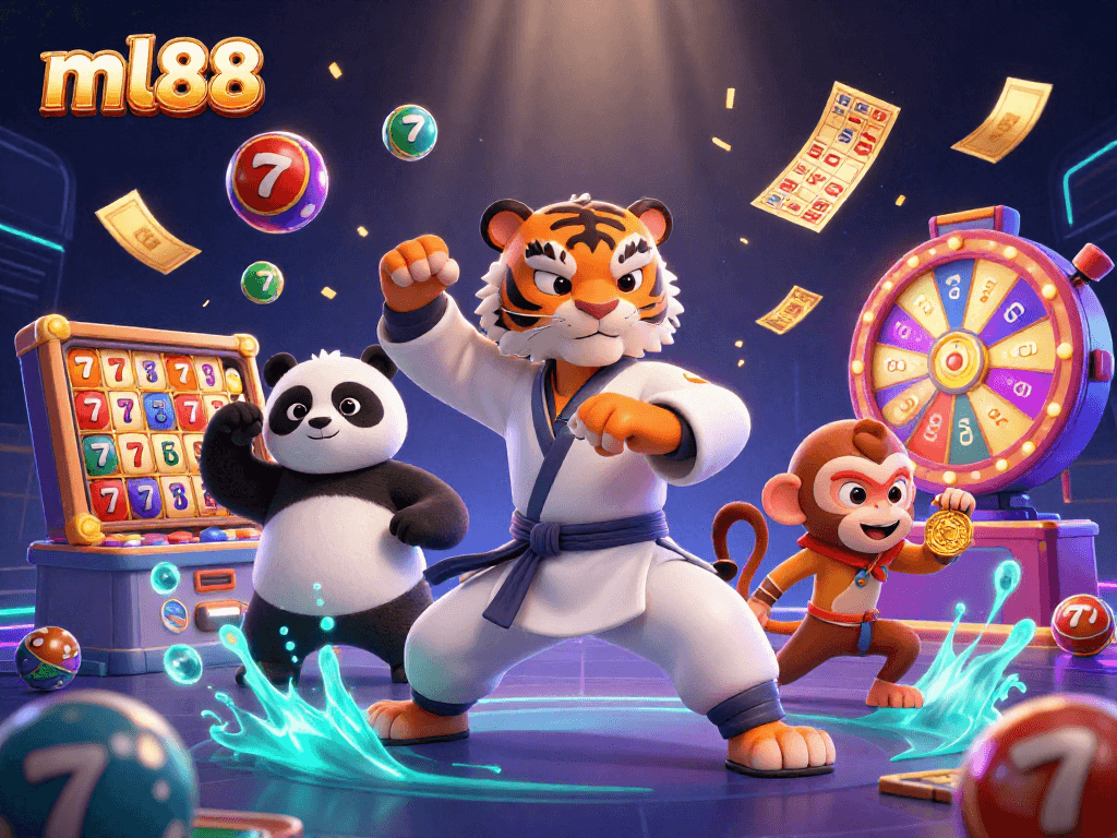 Catch the excitement of ml88 with a fun-filled 3D scene featuring a kung fu tiger, panda, and monkey amid vibrant games and colorful elements.