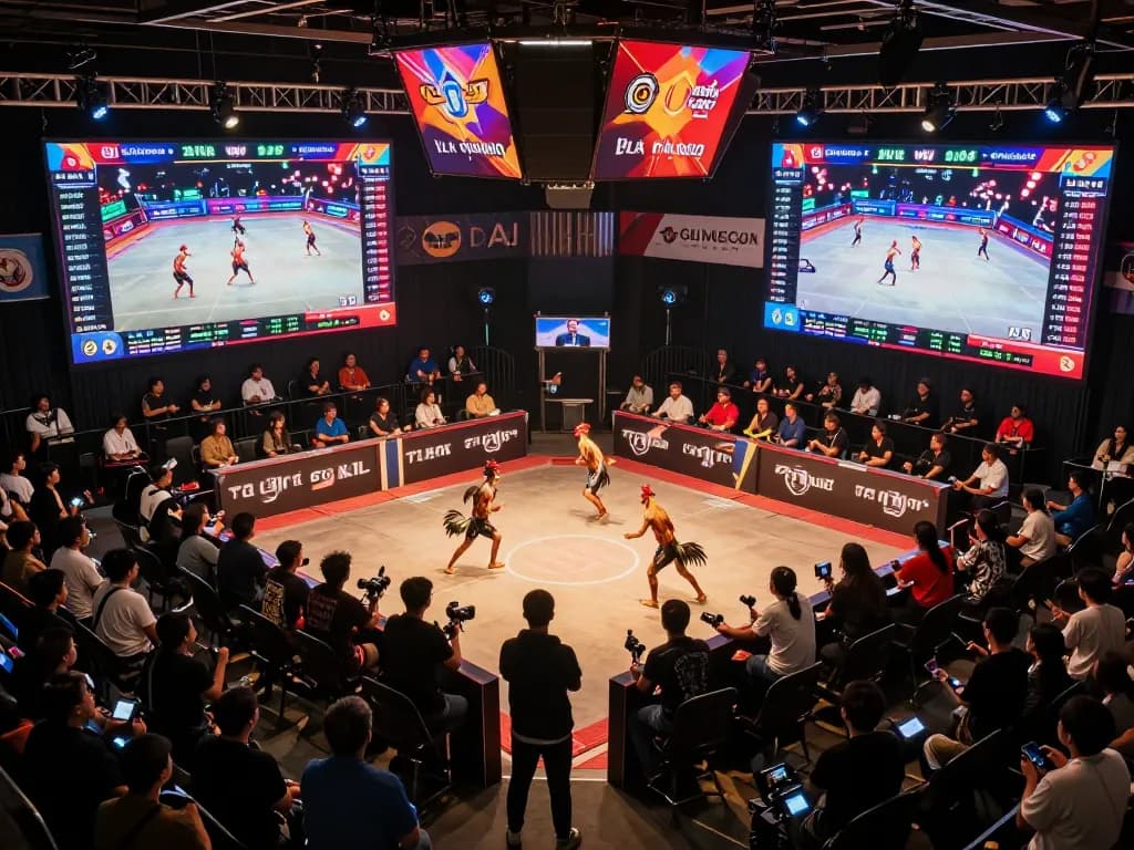 Experience the thrilling đá gà trực tiếp action with vivid live streams and game statistics displayed in a vibrant arena.