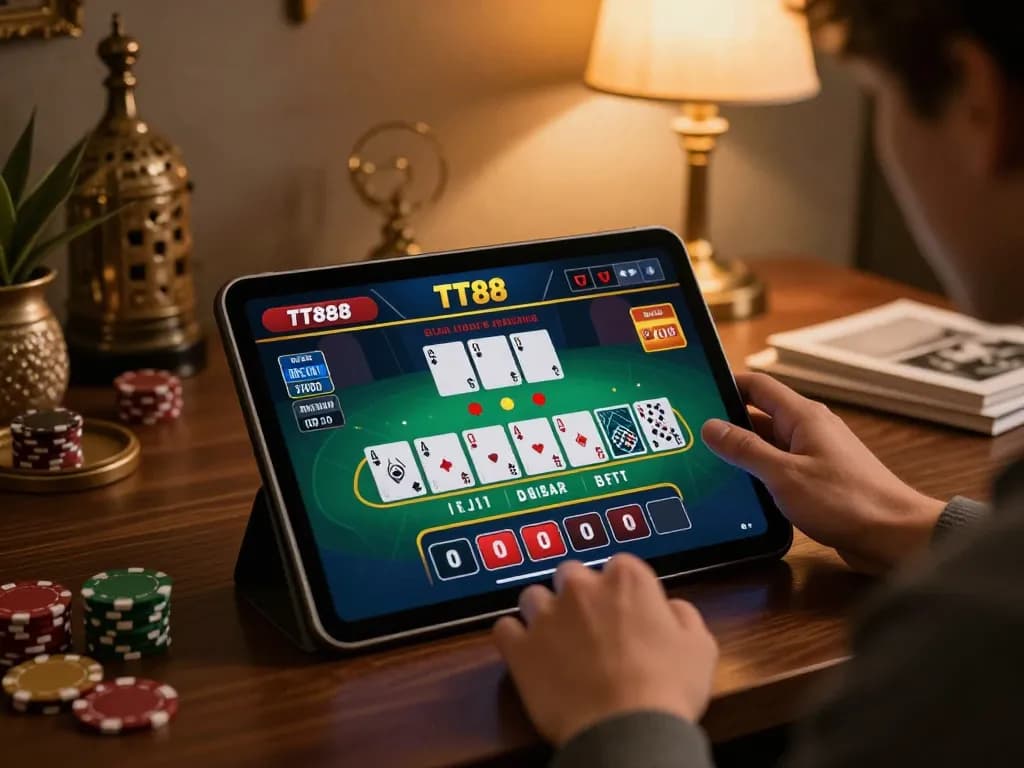 Player engaging in TT88 online blackjack on tablet, showcasing strategy and excitement in a cozy setting.