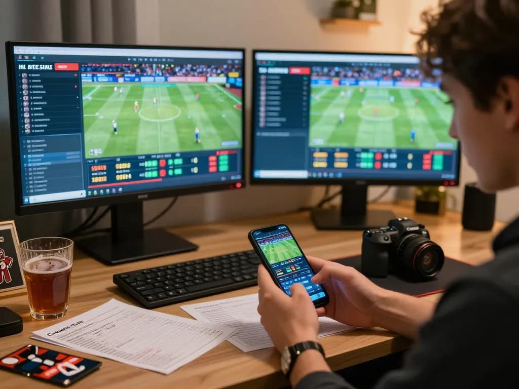 Engaged bettor analyzing live scores and odds for ผลบอล in a cozy home betting setup.