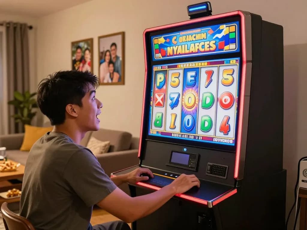 Player celebrating a spin on pinoy 365 slot machine in a cozy home atmosphere.