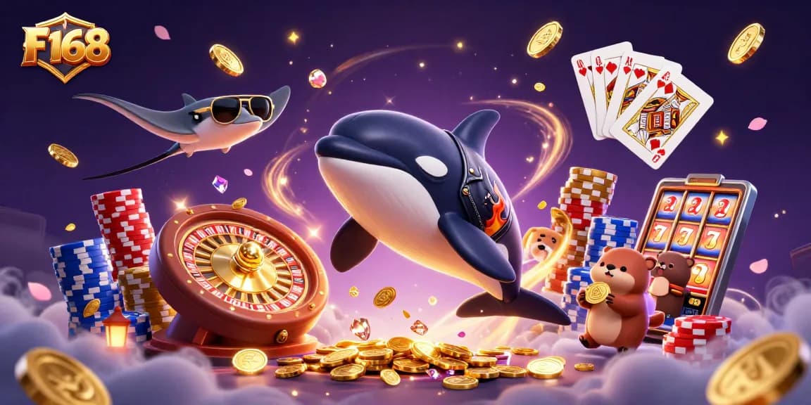 F168 offers an engaging casino experience, showcasing animated characters enjoying golden coin rewards and vibrant gaming elements.