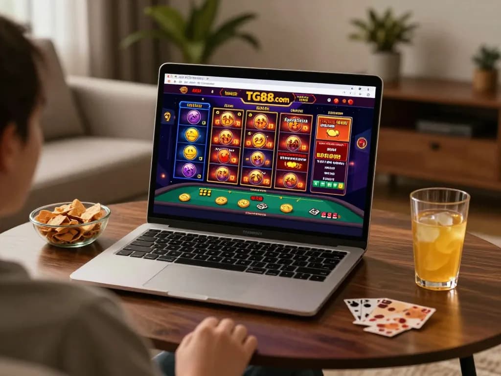 Person enjoying online gaming on Tg88.com with vibrant casino game interface