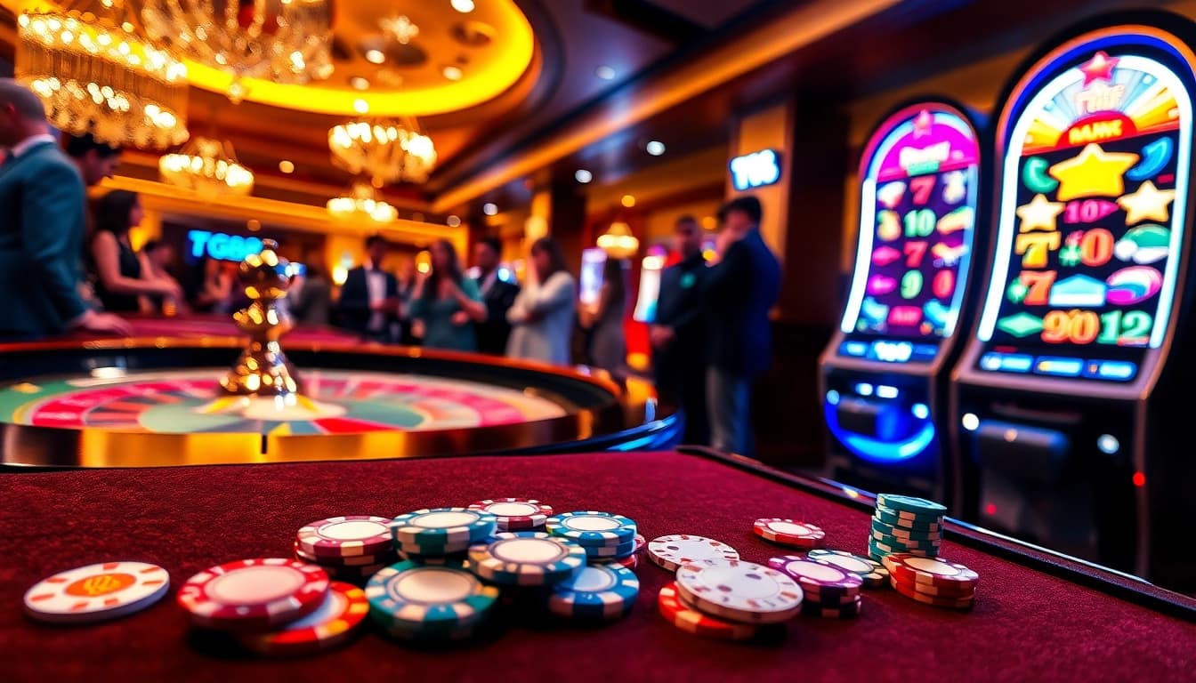 Experience the excitement of TG88 at a luxurious casino table with vibrant roulette and poker action.