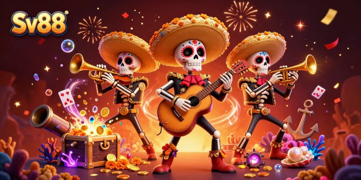 Sv88 showcases a vibrant mariachi band celebrating with a treasure explosion and colorful casino elements.